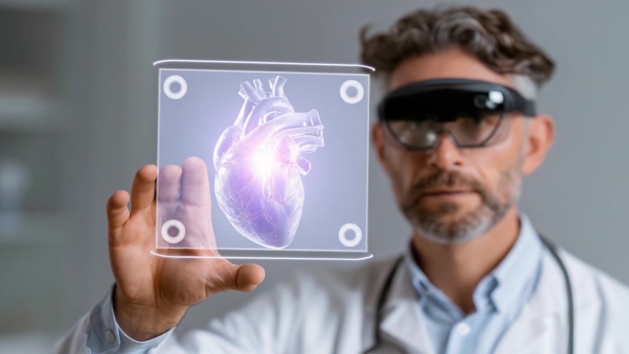 Visualización médica innovadora: Un científico interactúa con un holograma 3D del corazón humano, fusionando tecnología y medicina para una mejor comprensión y aprendizaje