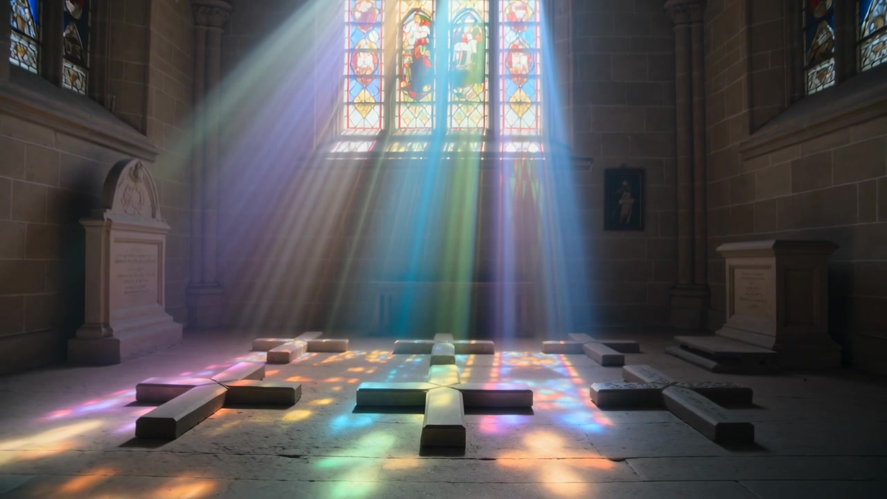 Vitrais projetando feixes coloridos pela capela, enquanto o sol em movimento ilumina uma laje com uma cruz.