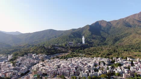 Aerial-view-of-Hong-Kong-Tsz-Shan-monastery-area-and-the-famous-Avalokitesvara-Guan-Yin-Statue,-Goddess-of-mercy