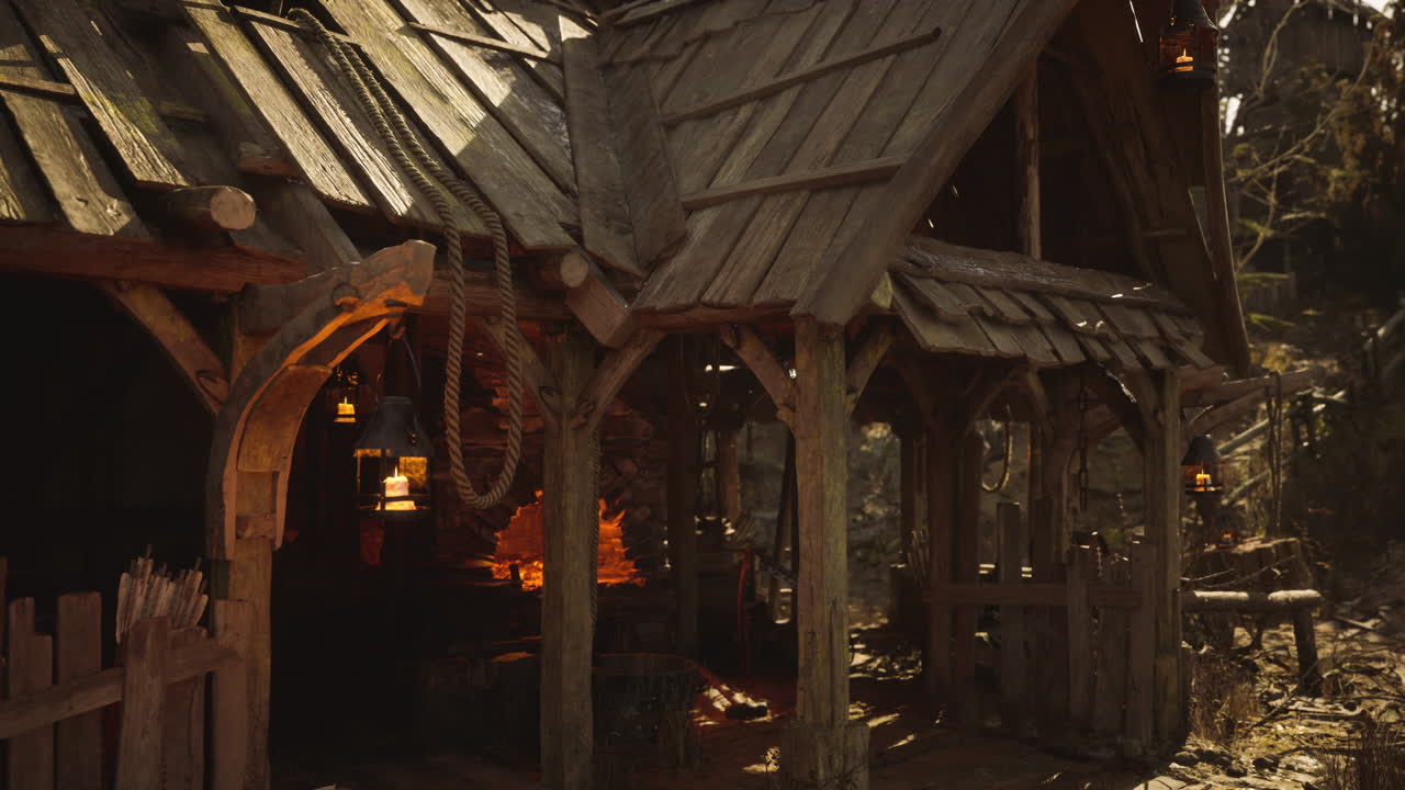 cabaña de madera rústica con artesanía tradicional involucrada en un bosque soleado