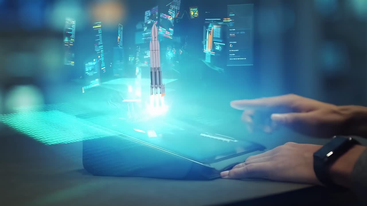 Futuristic video concept with a close-up angle of a hand interacting with a holographic display