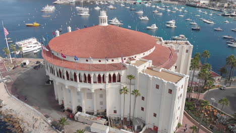 aerial view of avalon casino and harbor in santa catalina island