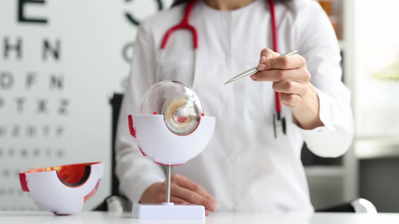 Optometrist pointing at an eye anatomy model