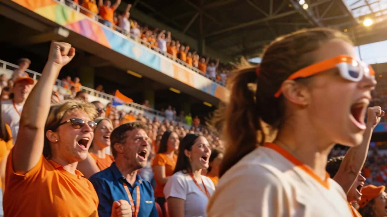 Juichende vrouw met oranje zonnebril en wit T-shirt die een teamdoelpunt viert in het stadion, vlaggen zwaaiend