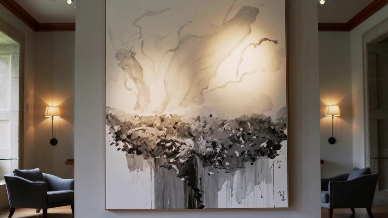 La telecamera si allontana rivelando faretti che illuminano un dipinto grigio in una galleria, evidenziando le colature.
