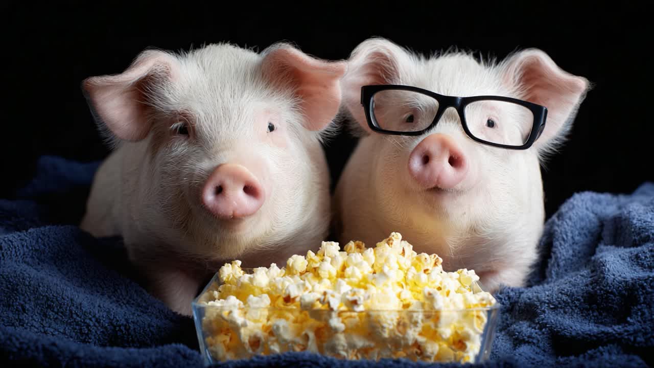Two Adorable Pigs with Glasses Enjoying a Bowl of Popcorn, Captured in Charming Close-Up for a Fun and Lighthearted Moment of Cuteness