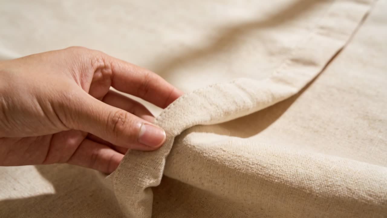 Una mano adulta che si avvicina e pizzica l'orlo, piegando il tessuto in un rotolo stretto per l'industria tessile.