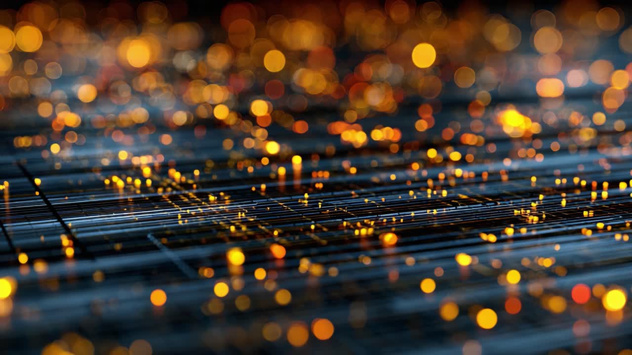Een fascinerende weergave van verlichte deeltjes op een donker oppervlak, die een betoverende dans van gloeiende lichten en fonkelende patronen toont.