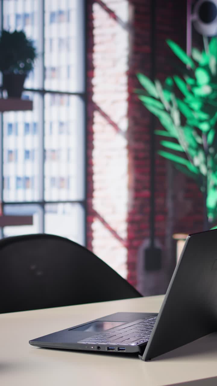 Vertical Video Elegant modern loft apartment featuring a minimalist empty desk.