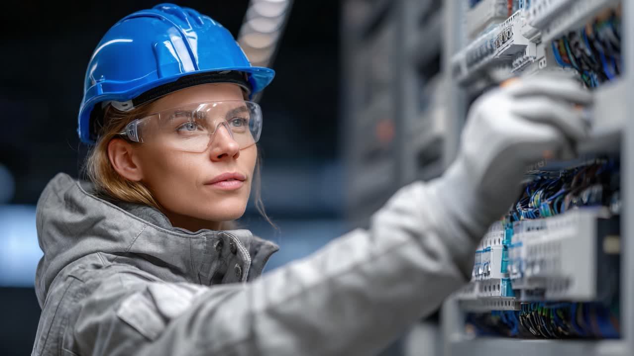 A skilled technician wearing safety gear inspects and works on electrical control panels, showcasing expertise in electrical systems and safety protocols in a professional environment