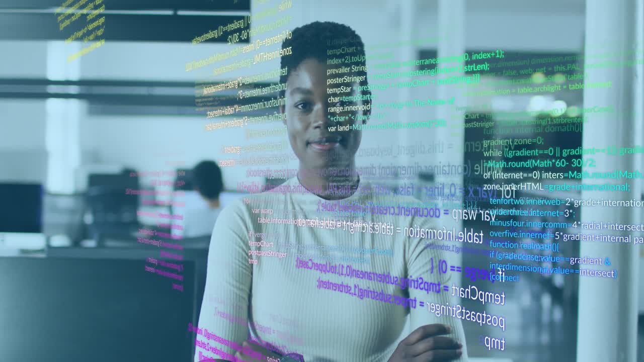 Animation of data processing over african american businesswoman smiling in office