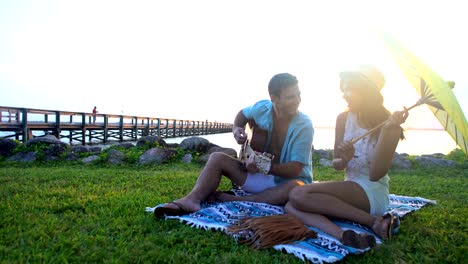 multi ethnic couple enjoying beach picnic playing guitar