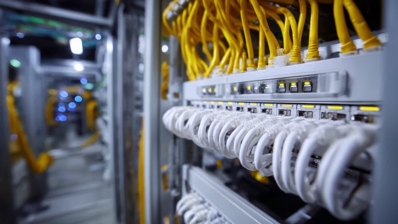 Network Data Center Infrastructure Featuring Ethernet Switches and Yellow Cables in a High-Tech Environment, Showcasing Connectivity and Efficiency