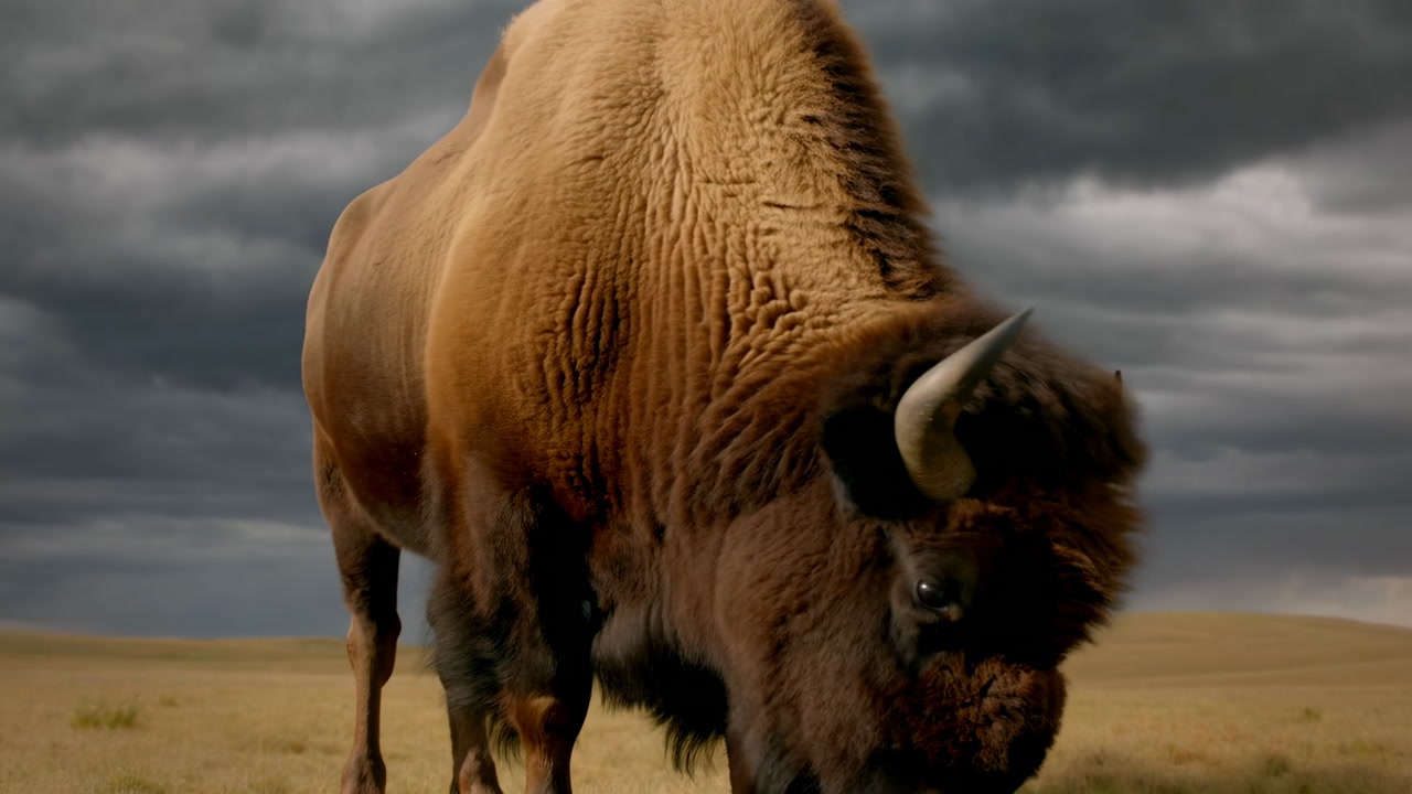 Closeup Grazing Bison On Prairie Under Heavy Storm Clouds, Solitary American Bison Feeds On Golden Grass,