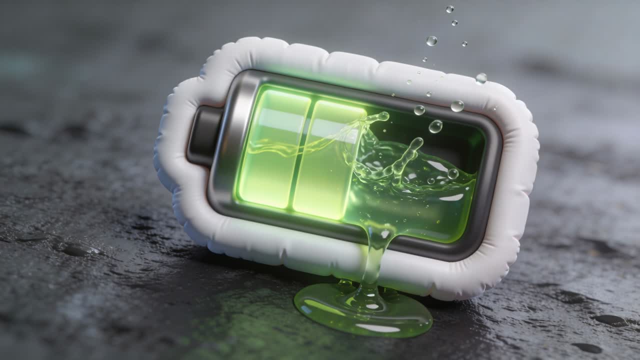Batería sobre un suelo oscuro y mojado, gotas cayendo en un depósito y derramando líquido verde para una demostración tecnológica