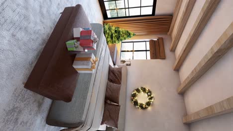 dormitorio contemporáneo con regalos de navidad y un abeto decorado - diseño interior vertical vertical
