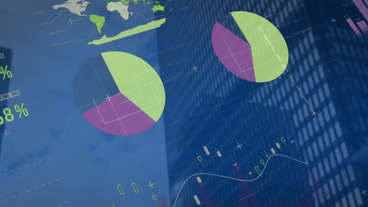 animación del procesamiento de datos financieros en el edificio