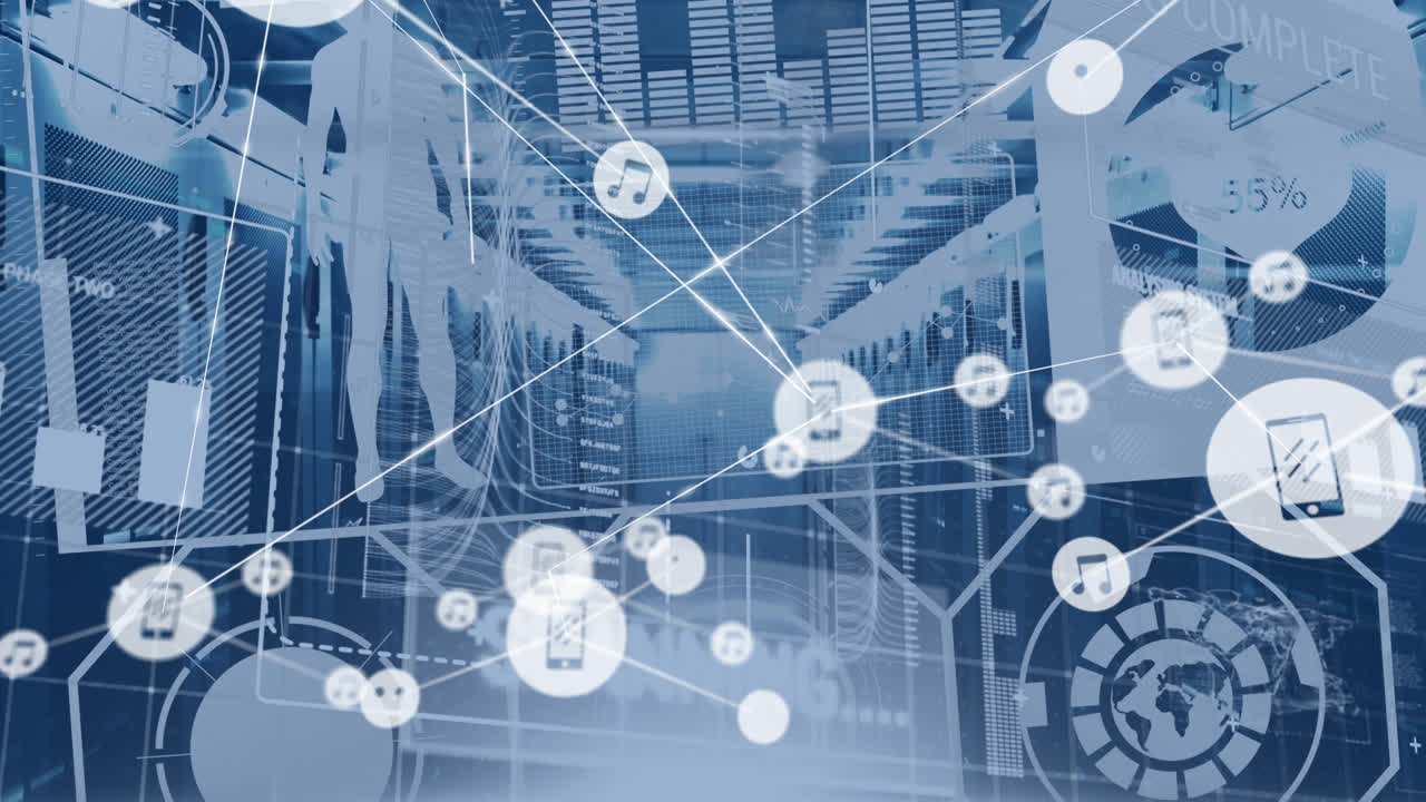 Animation of network of connections with icons and data processing over server room
