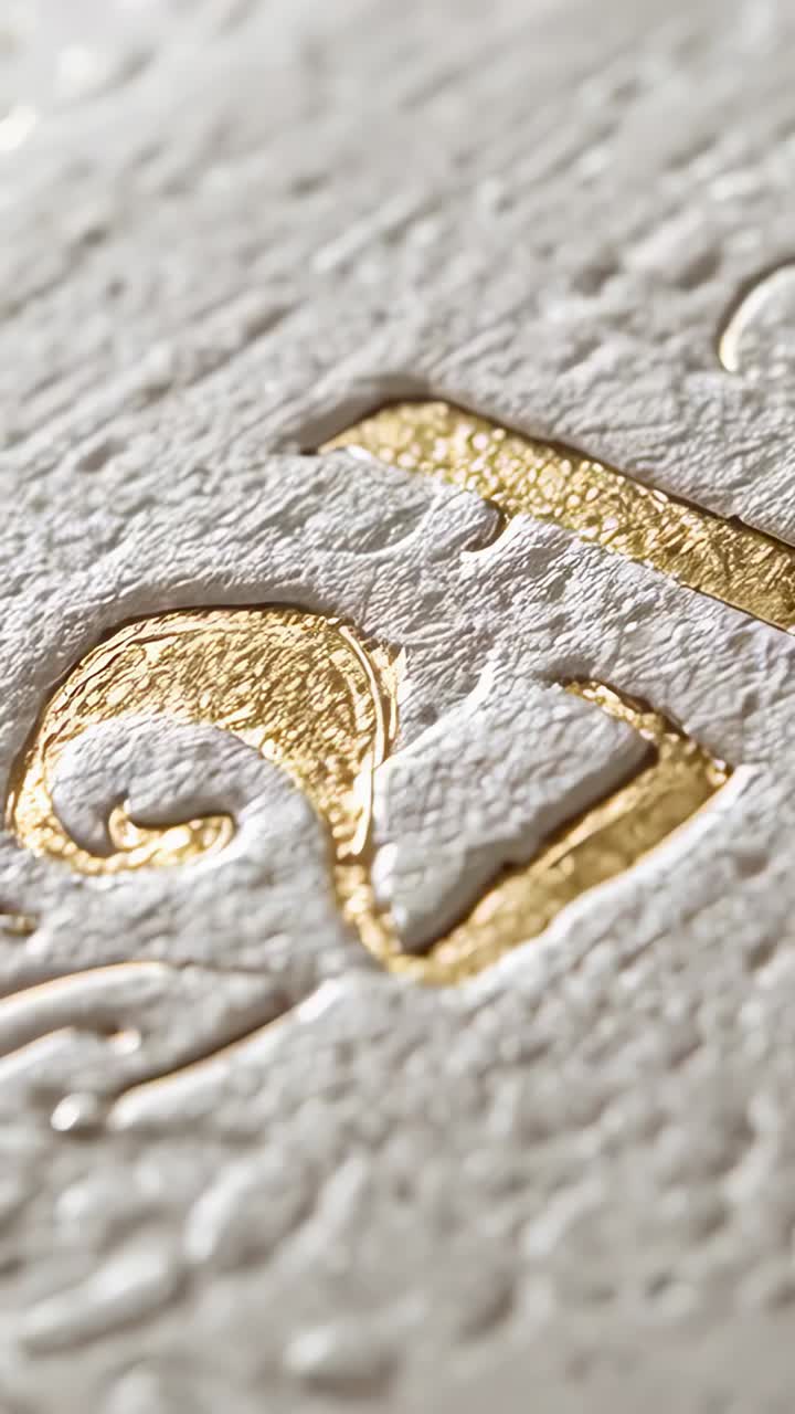 Vertical video: Pulling back camera revealing embossed gilt foil on paper in studio to show texture