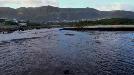 Aerial-of-roots-and-plant-matter-debris-washed-down-river-after-flooding,-Onrus