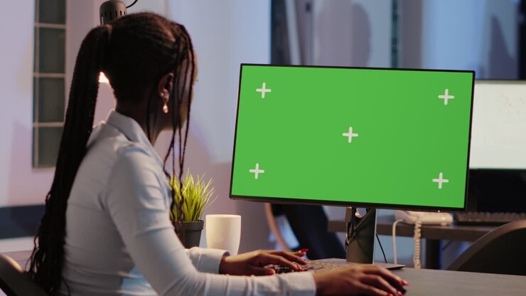 Bilder von Menschen, die an einem Schreibtisch mit einem Computer und einem Greenscreen arbeiten