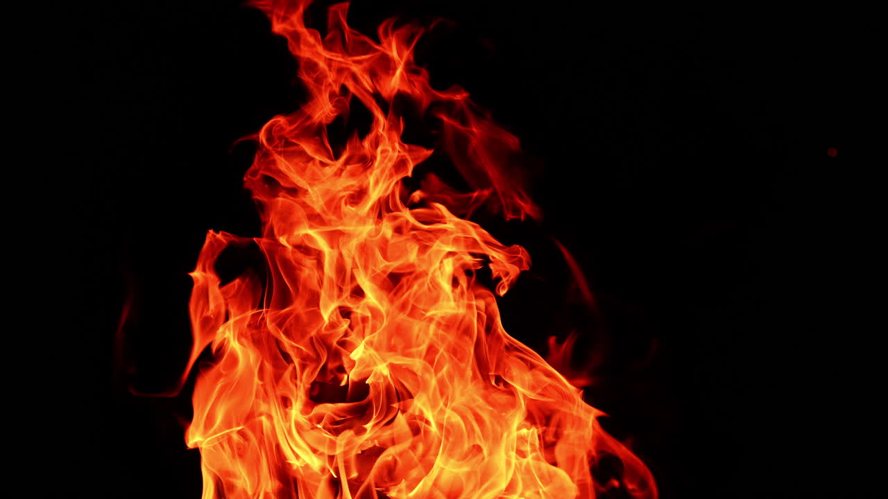 Logs stacked in pile burn in the big bonfire. Long flames stretch into the darkness. Close up.