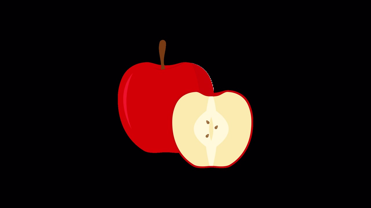 Grafisk animation af et helt og et halvt rødt æble