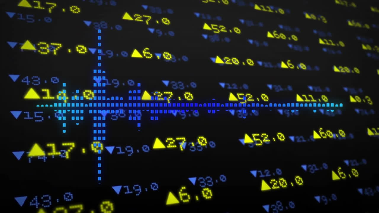 Animatie van beursgegevens en financiële trends met gele symbolen op een zwarte achtergrond