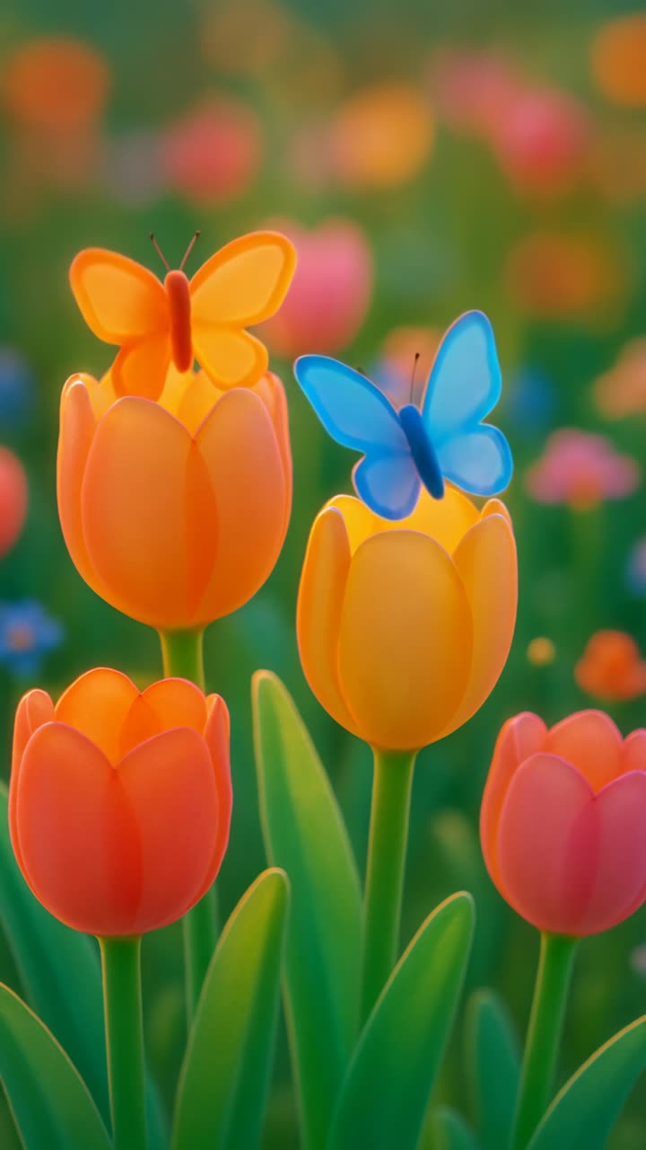 Cute live mobile wallpaper. Vibrant close-up of tulips and butterflies in a dreamy garden setting