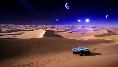 alien desert landscape with rover and multiple moons