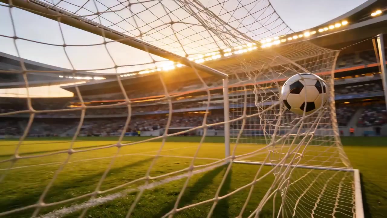 Spelare skjuter, skickar fotbollen in i målnätet på stadion, personal i västar, utrymme för text.