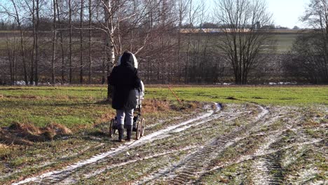 Mujer-Camina-Con-Cochecito-De-Bebé-Cerca-Del-Campo-Agrícola,-Clima-Soleado-De-Primavera