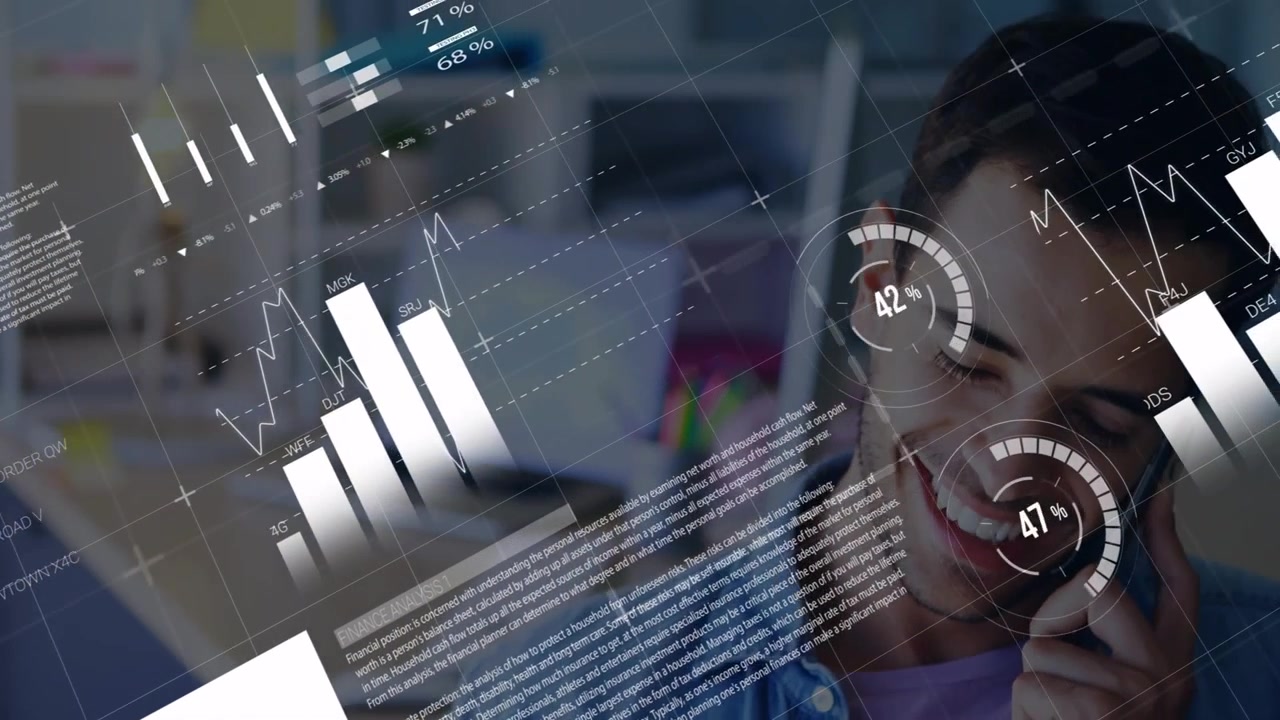 Call connecting, man holding smartphone and speaking while HUD overlays animating to show analytics