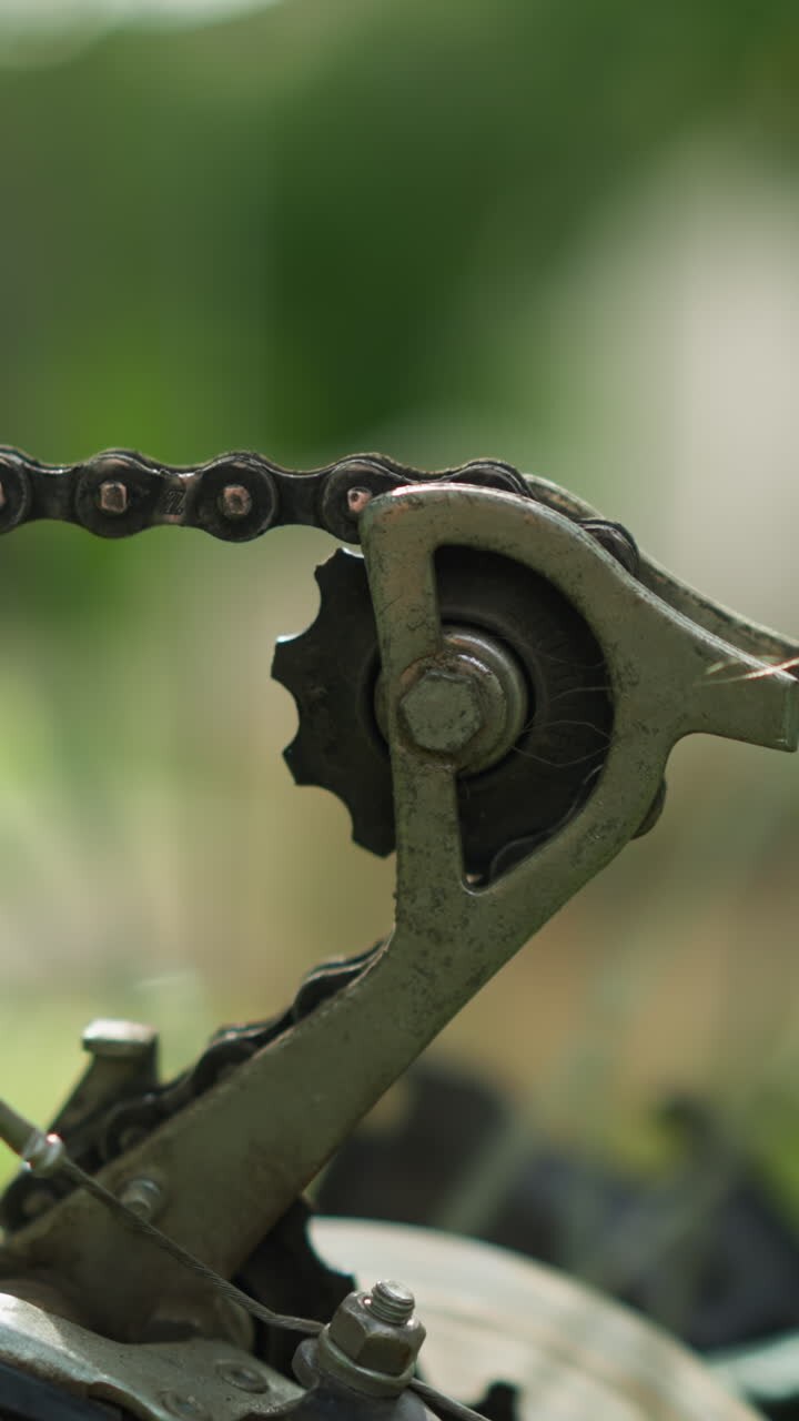 Close-up of bicycle's chain and gear system in motion as the wheel rotates briefly, the chain and cogwheel are in sharp focus, while the blurred greenery in the background
