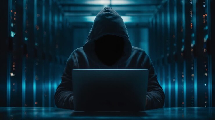 Nelle Ombre della Tecnologia: Una Figura Enigmatica in una Sala Server Oscurata Impegnata in Misteriose Attività Online con un Laptop Illuminato da Luce Blu