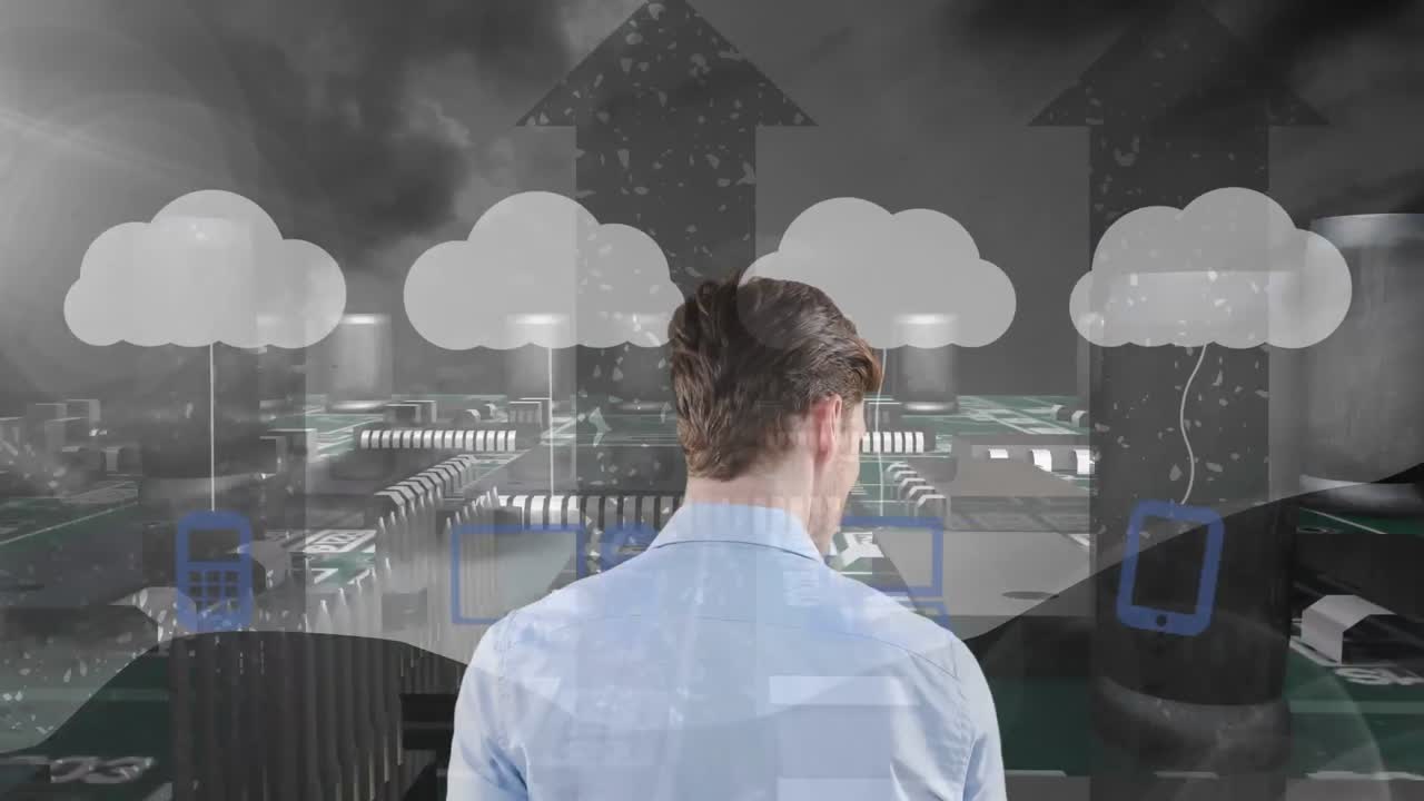 Animation of businessman with clouds and digital icons