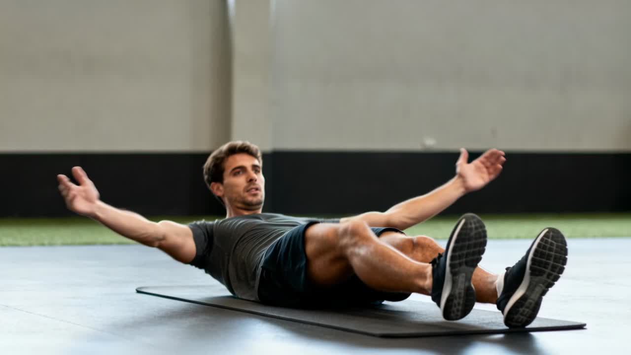 Con il core contratto, un uomo in pantaloncini esegue crunch bicicletta in posizione a V su un tappetino nero in palestra, tonificando l'addome.