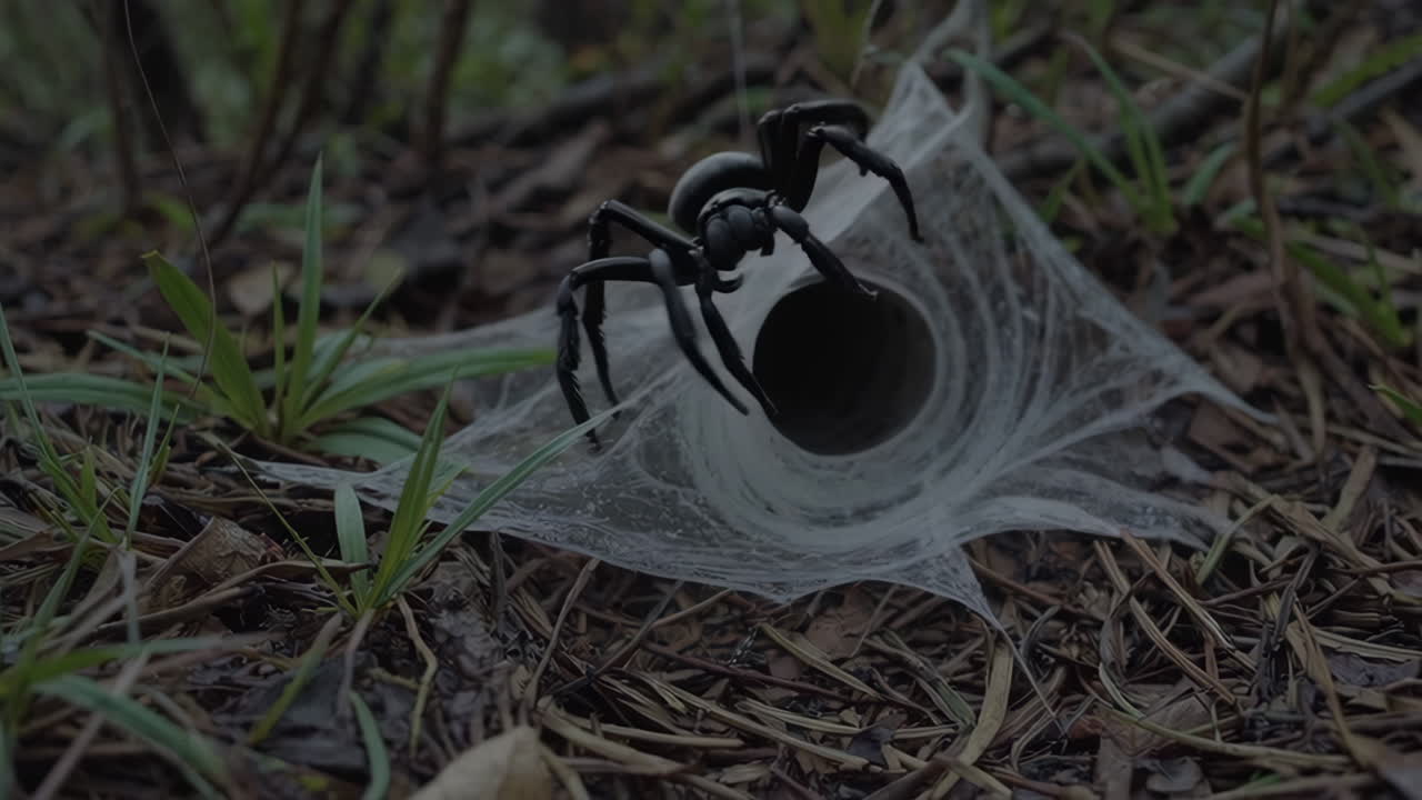 Black Spider in a Forest Web