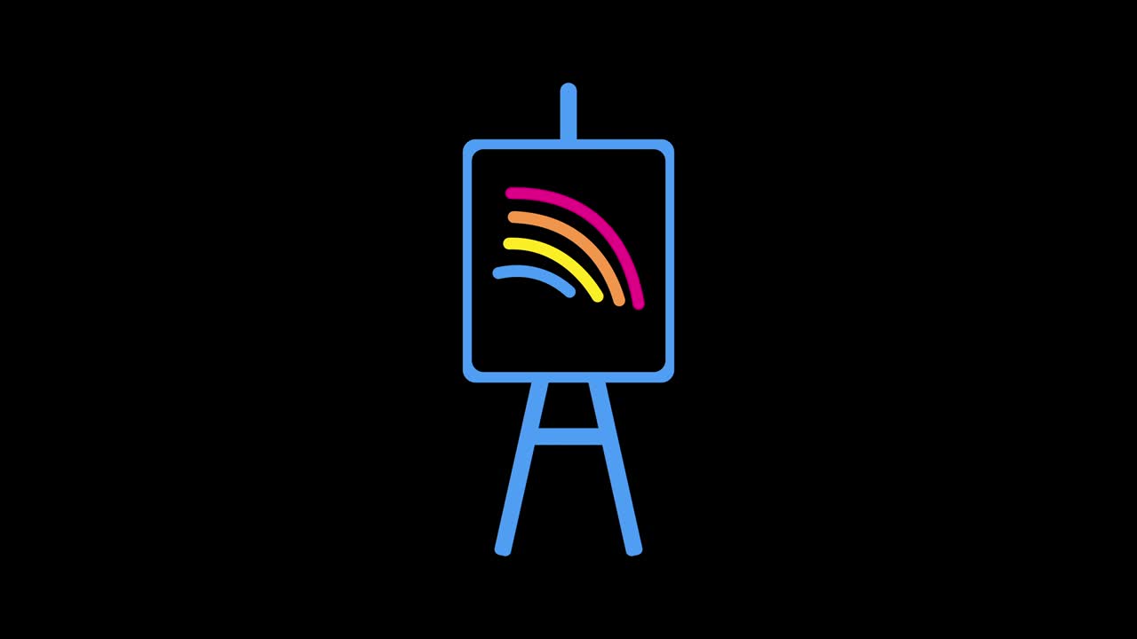 4k video of cartoon easel and colorful paints on black background.