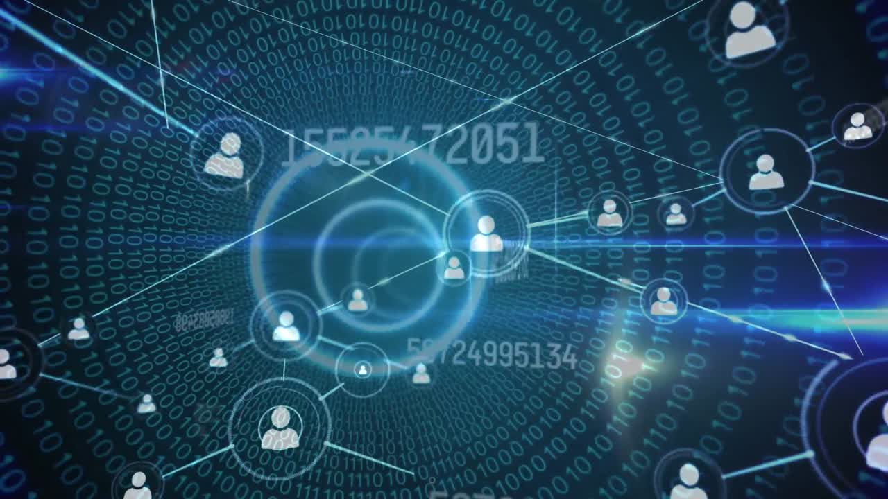 검은색 바탕에 데이터 처리 및 빛 트레일과 함께 연결 네트워크의 애니메이션