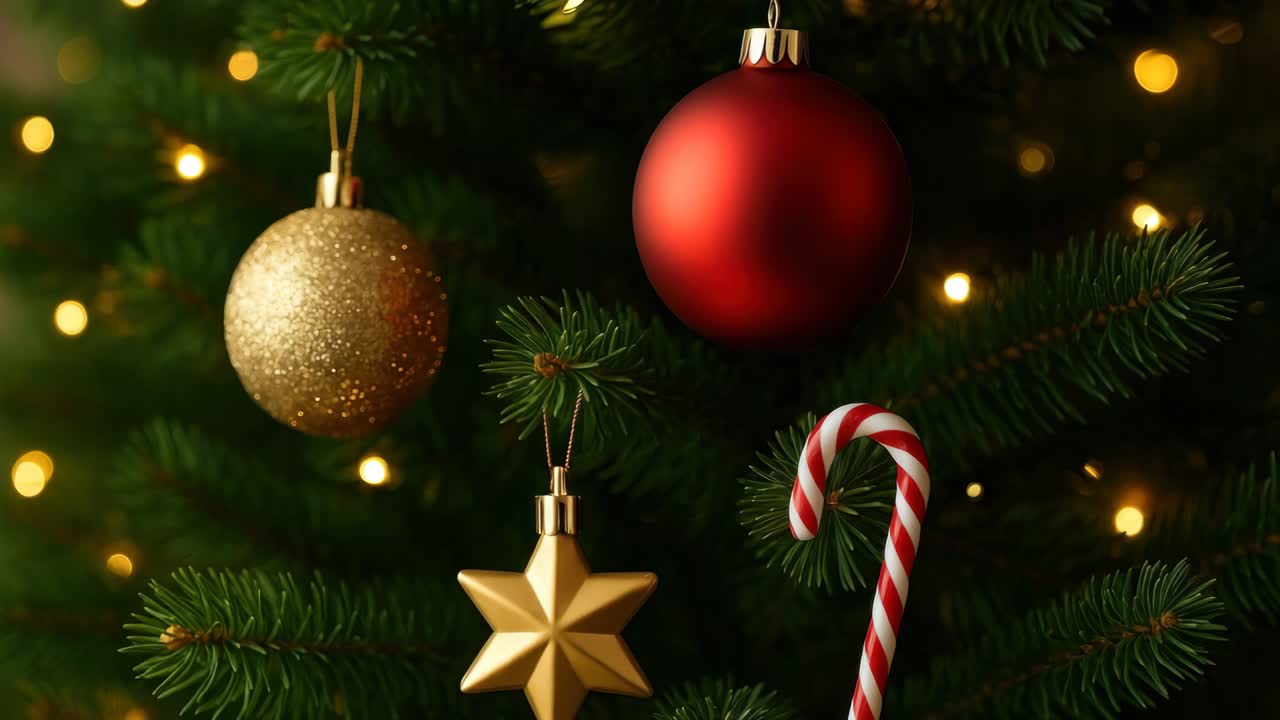 Video ravvicinato di un albero di Natale decorato con ornamenti rossi e dorati, bastoncini di zucchero e luci scintillanti