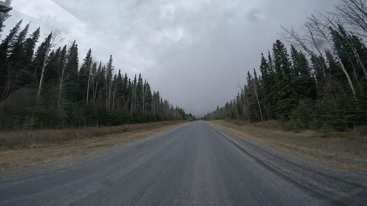 POV - Driving on Alaska Highway under heavy cloud cover in early spring near Toad River, BC; concepts of big game hunting, wild fires, road less traveled and adventure travel