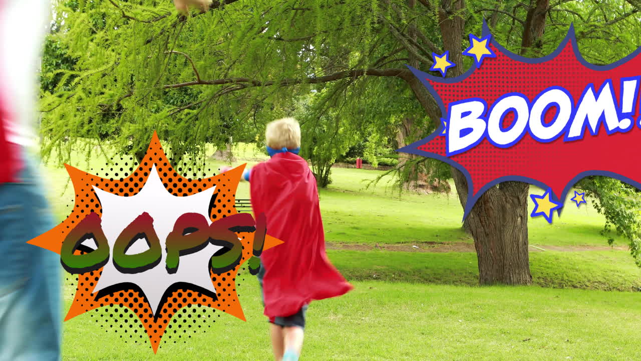 Comic book style Oops! and Boom! text animation over park scenery with trees