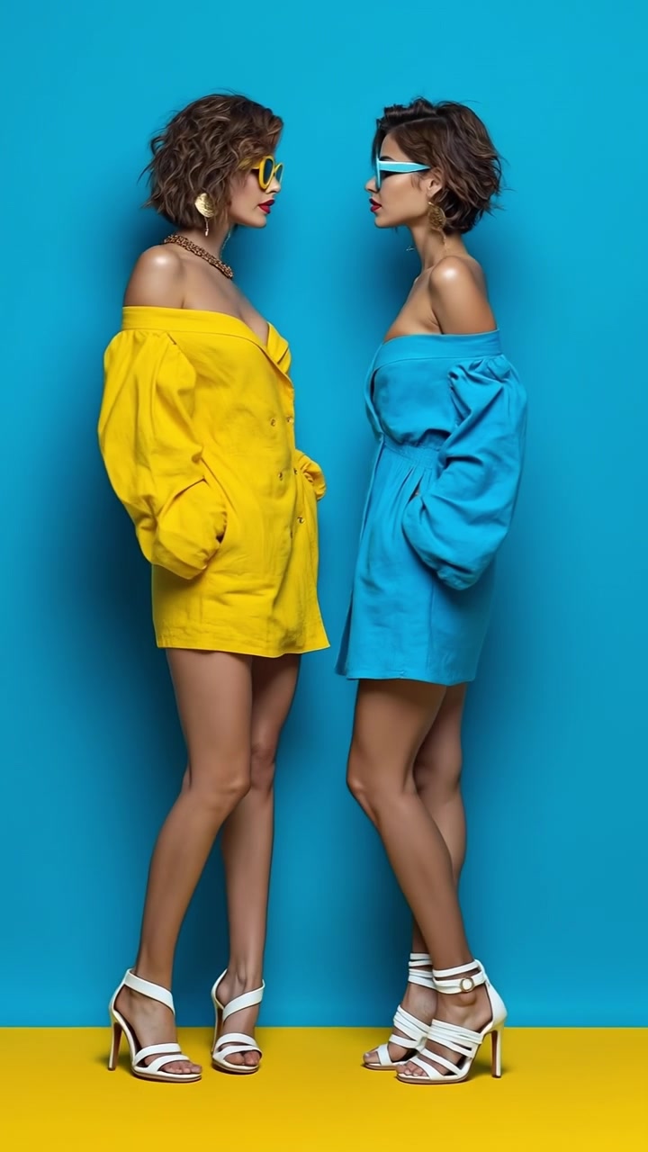 Two women wearing bright yellow and blue blazer dresses posing against a vibrant blue studio background