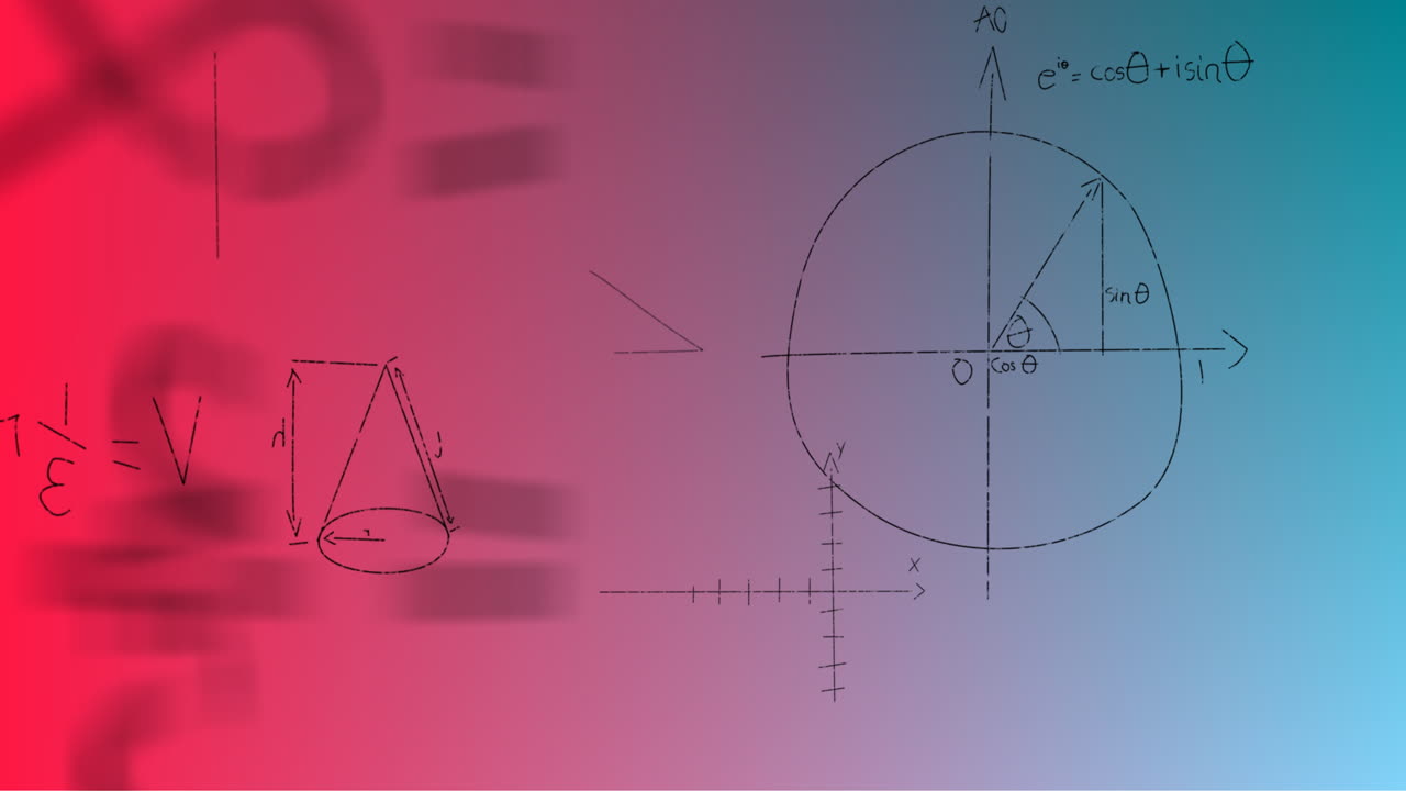 파란색에서 빨간색 배경 위에 손으로 쓴 수학 수식의 애니메이션