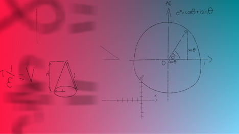 animación de fórmulas matemáticas escritas a mano sobre un fondo azul a rojo