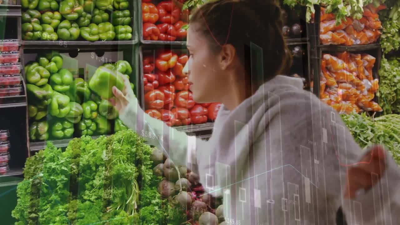 Animation of financial data processing over caucasian woman in greengrocer's
