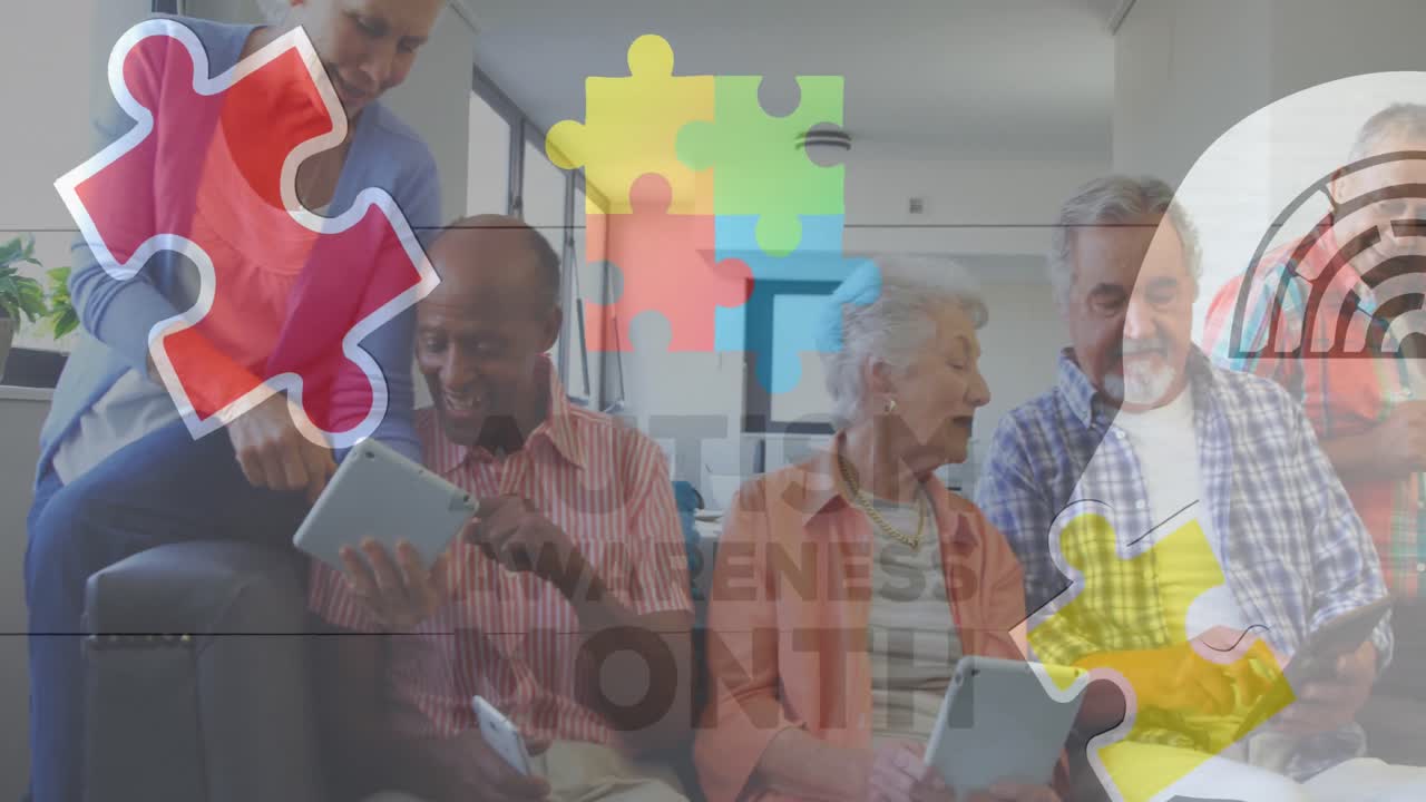 Animation of colourful puzzle pieces and autism text over senior friends using tablets