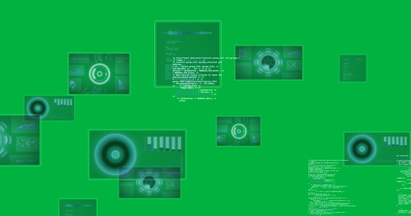 Animation of screens with glowing blue scope scanning and data processing on black background