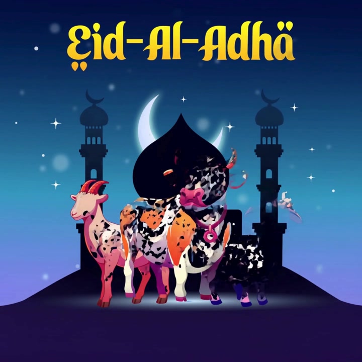 Auguri Eid Al Adha Mubarak con moschea, luna e animali da sacrificio.